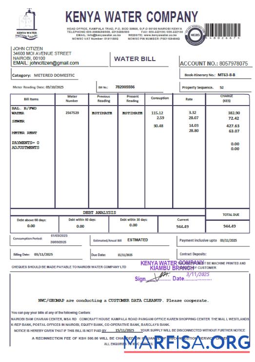 Downloadable Kenya Kenya Water Company utility bill template in Word and PDF formats
